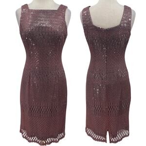 Vintage 90s Crochet Overlay Sequined Sheath Dress Squareneck Mauve Silver NEW 8